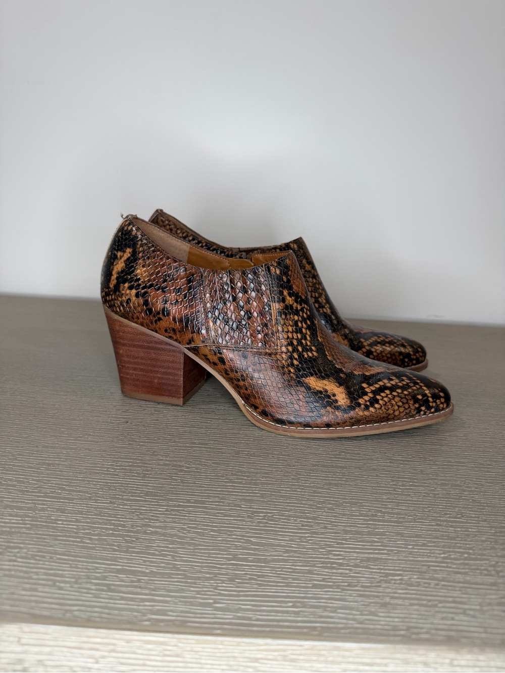 Franco Sarto Brown Snake-Print Leather Block Heel Booties